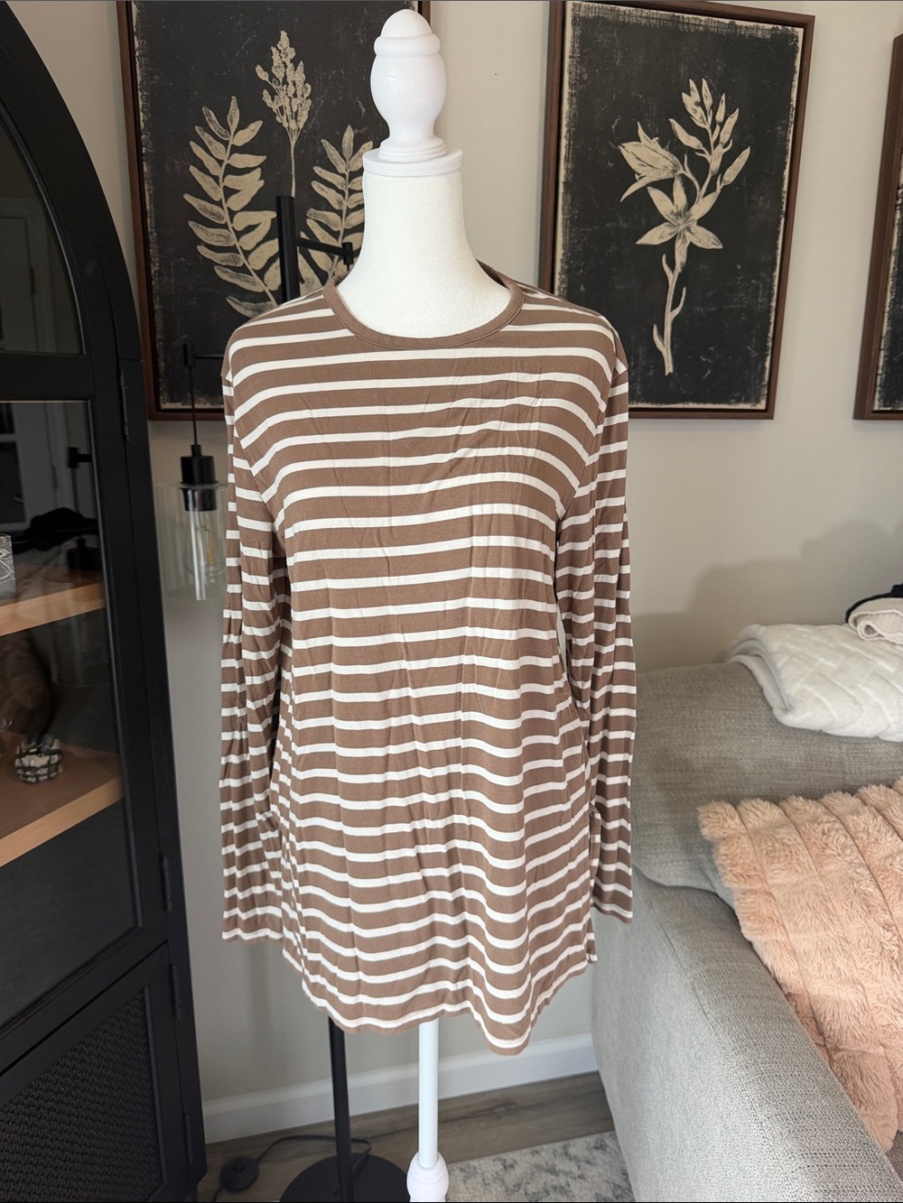Old Navy Brown and White Striped Long Sleeve Crewneck Top